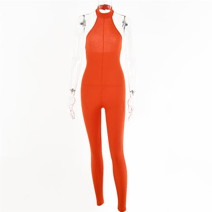 Sleeveless Halterneck Slim-fit Cotton Solid Color Jumpsuit