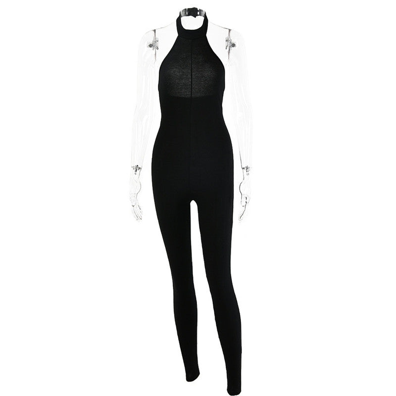 Sleeveless Halterneck Slim-fit Cotton Solid Color Jumpsuit