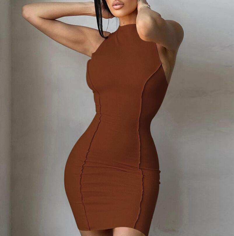 Round Neck Sleeveless Solid Color Fashion Slim Fit Hip Dress Women