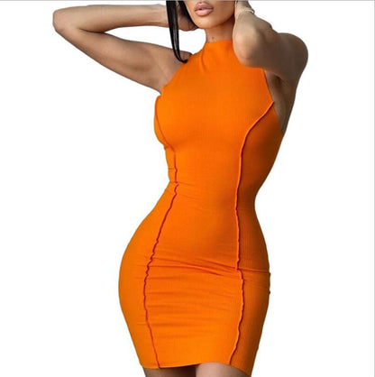 Round Neck Sleeveless Solid Color Fashion Slim Fit Hip Dress Women