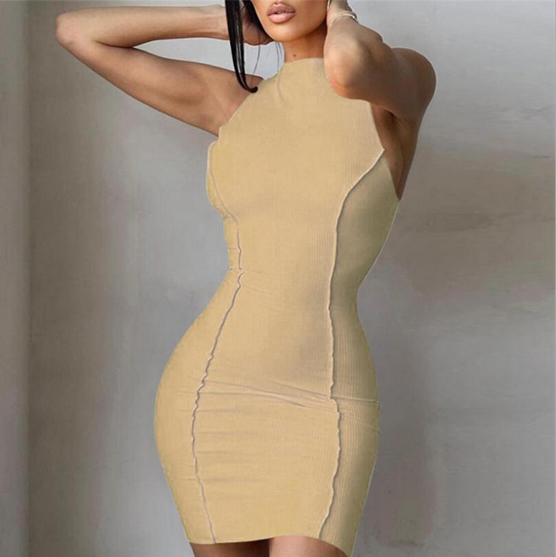 Round Neck Sleeveless Solid Color Fashion Slim Fit Hip Dress Women