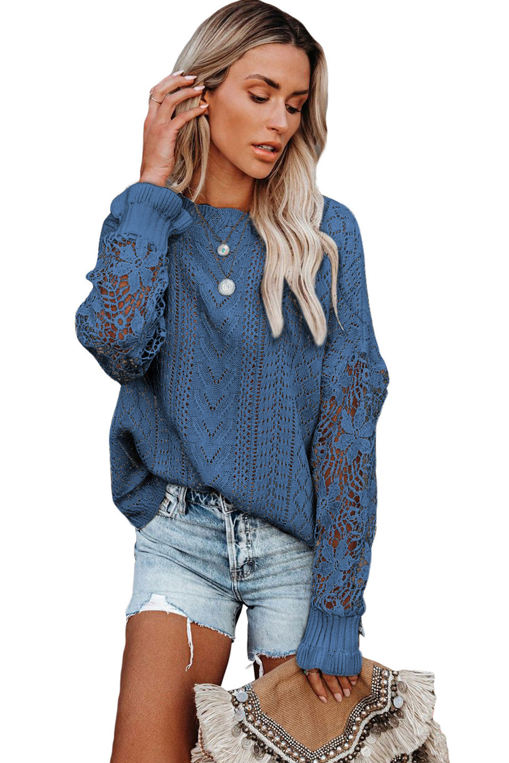 Crochet Lace Pointelle Knit Sweater