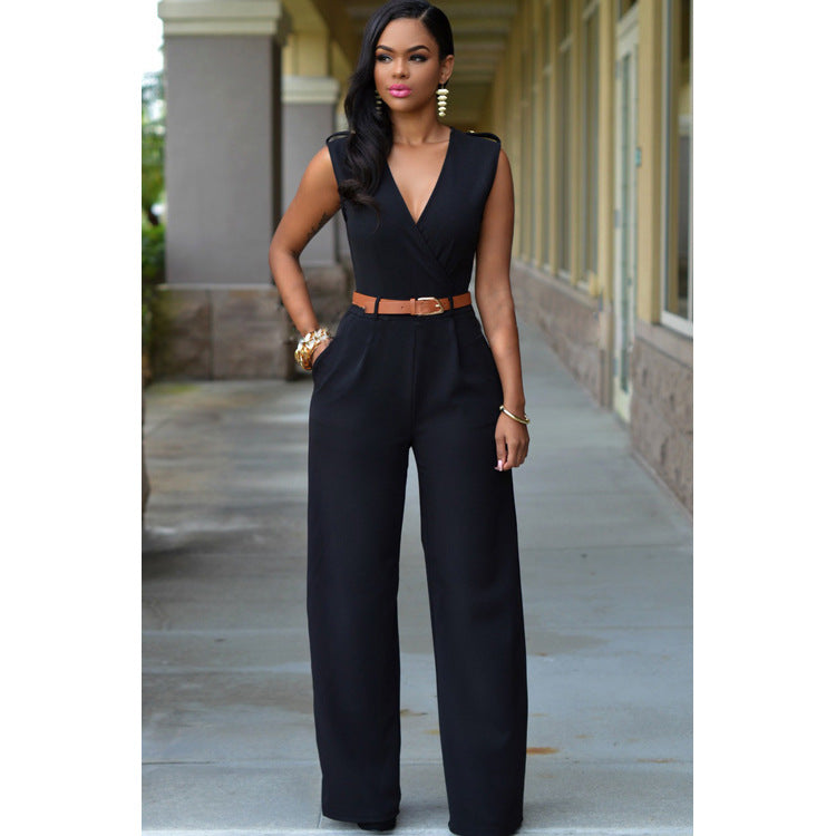 High Waist V-neck Wide-leg Pants Irregular Jumpsuituit With Belt