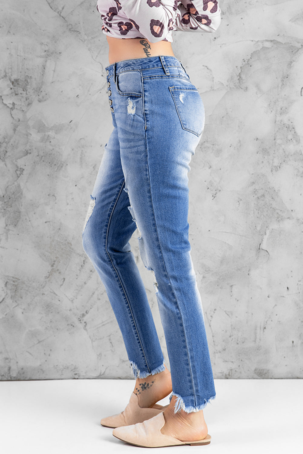 High Rise Button Front Frayed Ankle Skinny Jeans