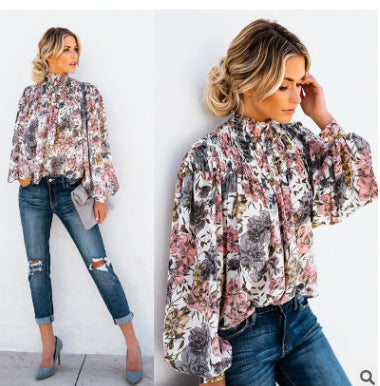 Sexy printed turtleneck button long-sleeved blouse shirt