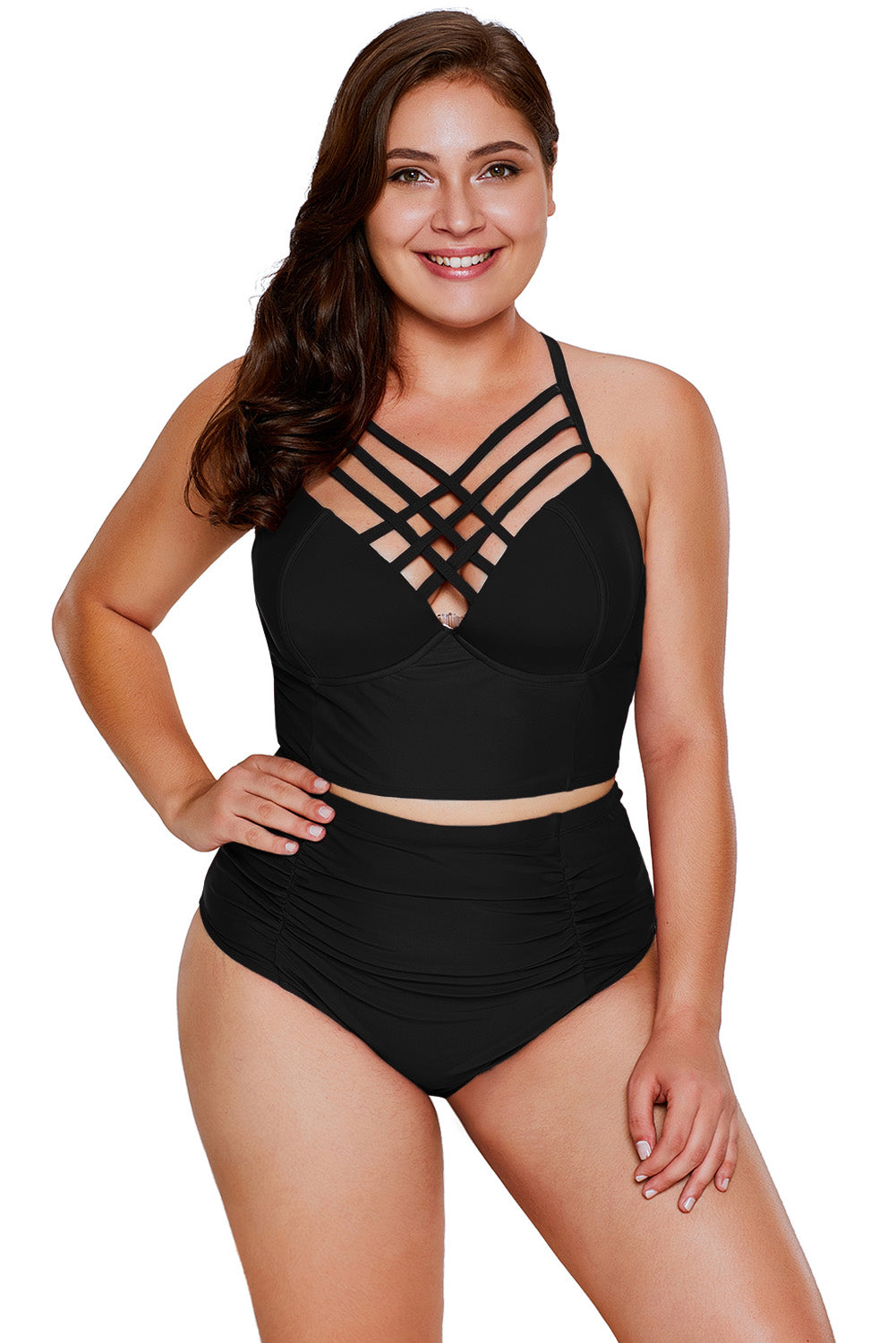 Rosy Strappy Neck Detail High Waist Swimsuit