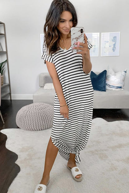 Striped Print Side Split Short Sleeve V Neck Maxi Dress