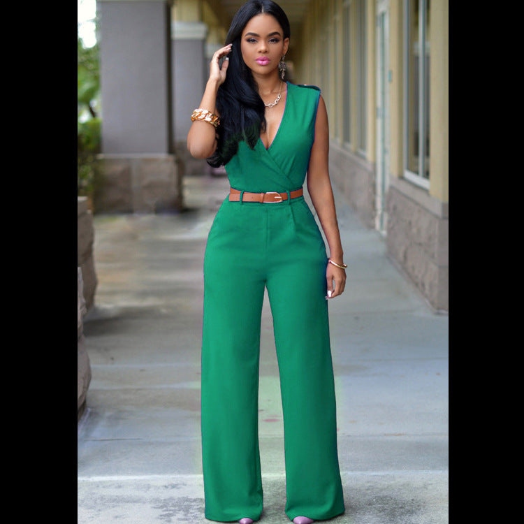 High Waist V-neck Wide-leg Pants Irregular Jumpsuituit With Belt