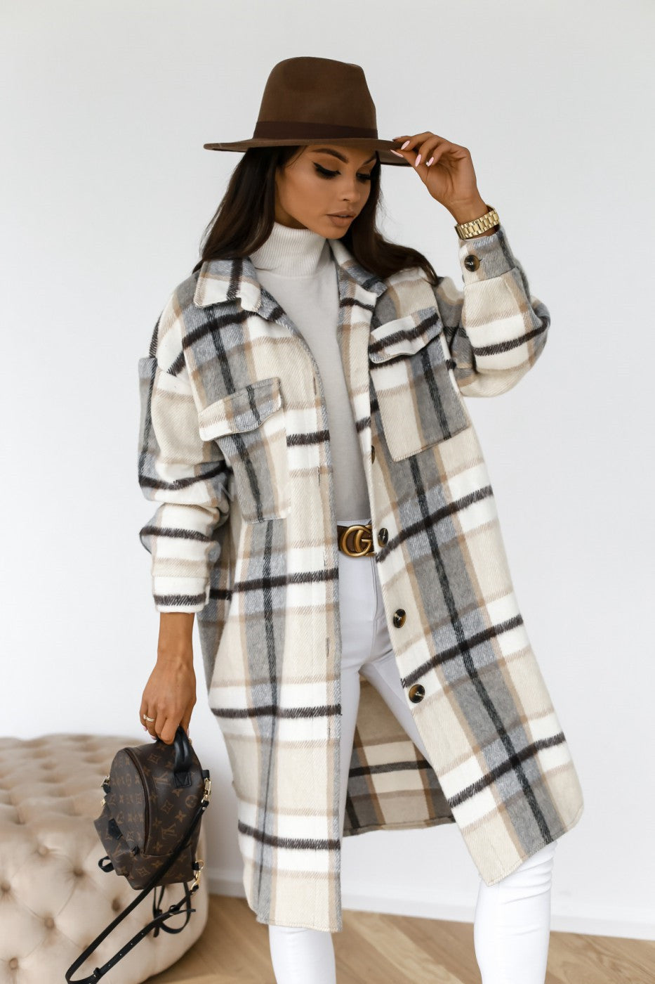 Button Lapel Casual Warm Plaid Long Woollen Shacket