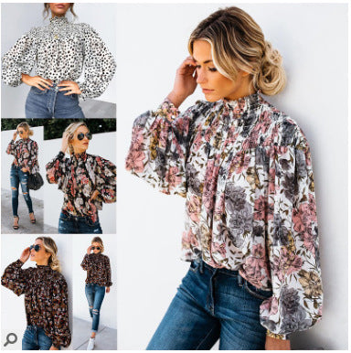 Sexy printed turtleneck button long-sleeved blouse shirt