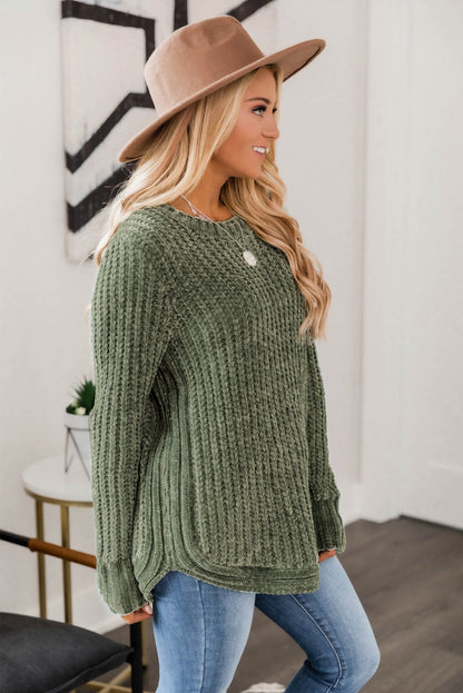 Long Sleeve Round Hem Cable Knit Sweater