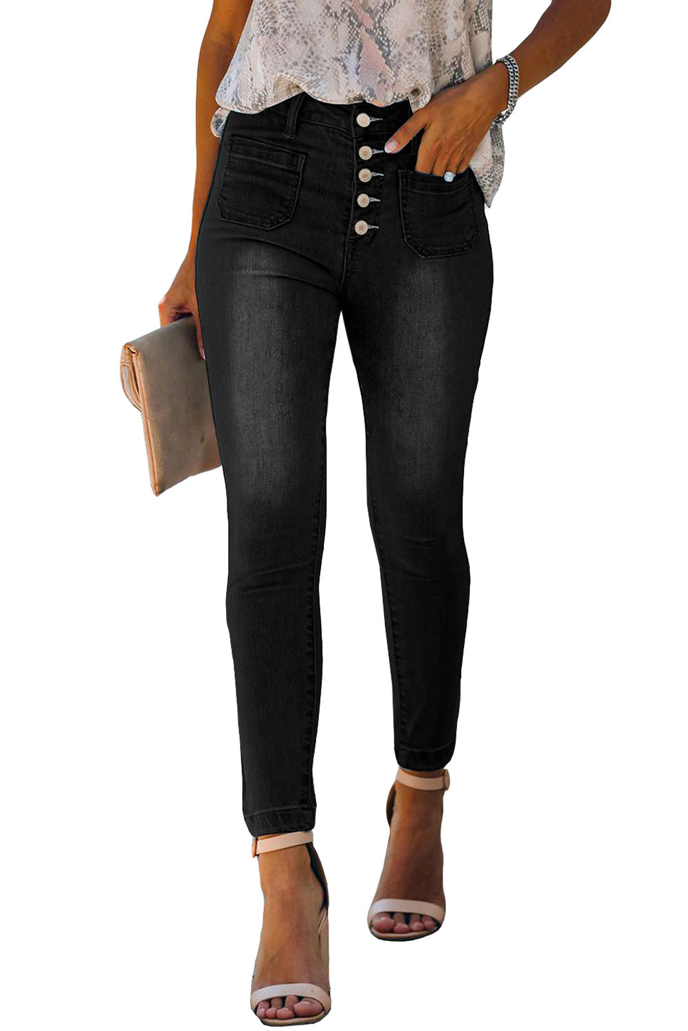 Dark Blue Button Fly Skinny Jeans with Pockets