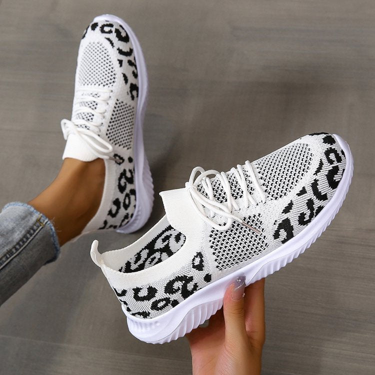 White Leopard Print Lace-up Sneakers