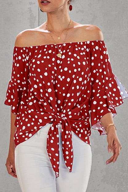 Polka Dot 3/4 Bell Sleeve Off Shoulder Front Tie Knot Top