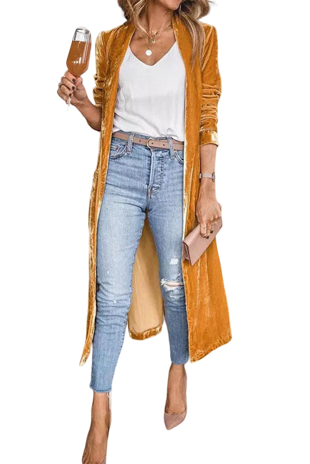 Yellow Velvet Open Front Pocketed Long Duster