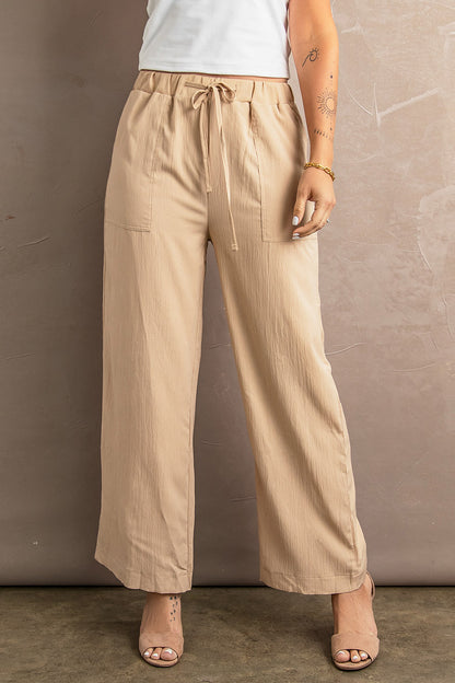 Khaki Drawstring Waist Crinkled Wide Leg Pants