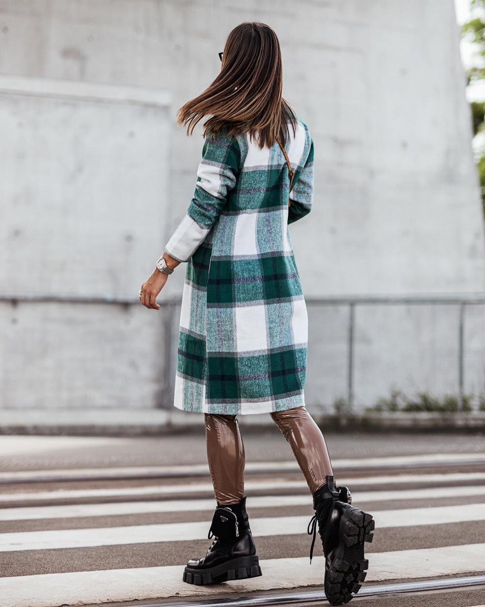 Mid-length Plaid Print Coat