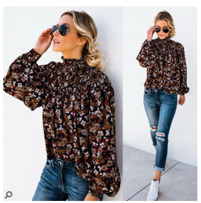 Sexy printed turtleneck button long-sleeved blouse shirt