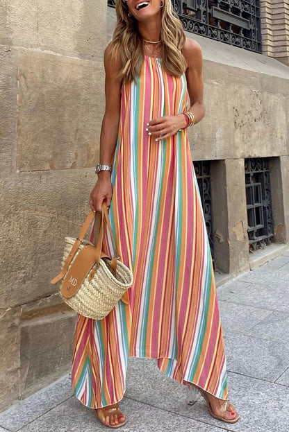 Bohemian Striped Print Sleeveless Holiday Maxi Dress