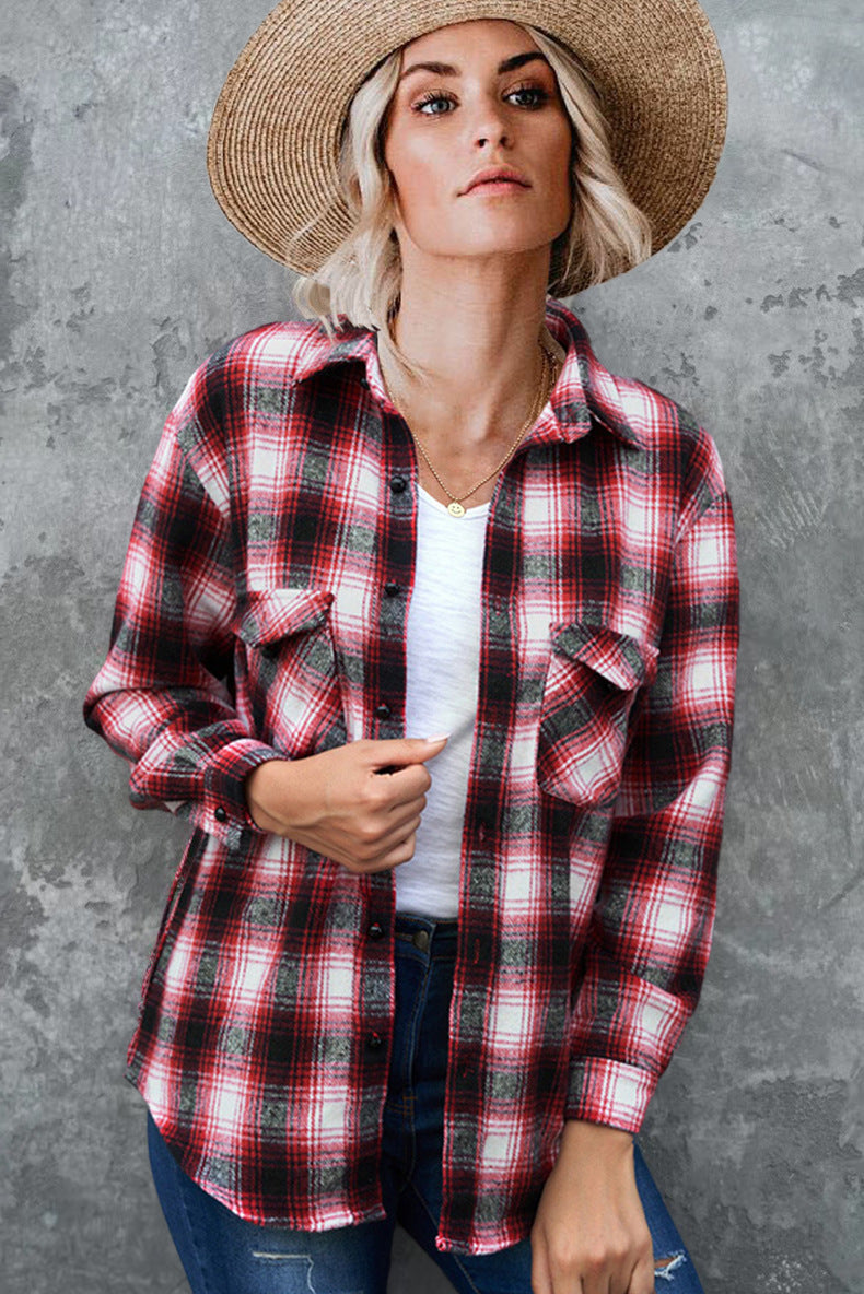 Plaid  Loose Blouse With Turndown Collar