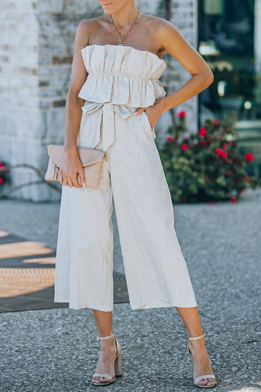 Beige Ruffled Strapless Wide Leg Jumpsuit