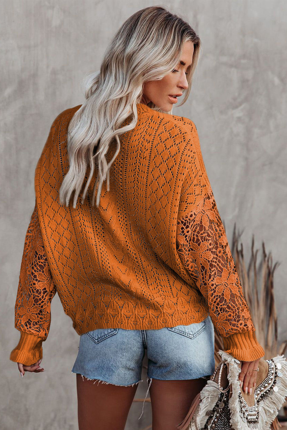 Crochet Lace Pointelle Knit Sweater