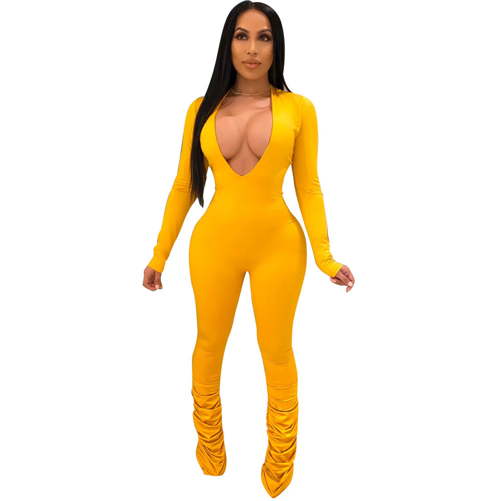 Solid color big V-neck tight ladies one-piece pants