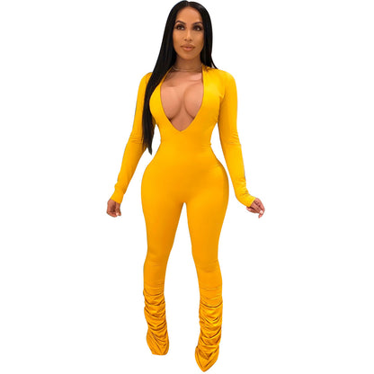 Solid color big V-neck tight ladies one-piece pants