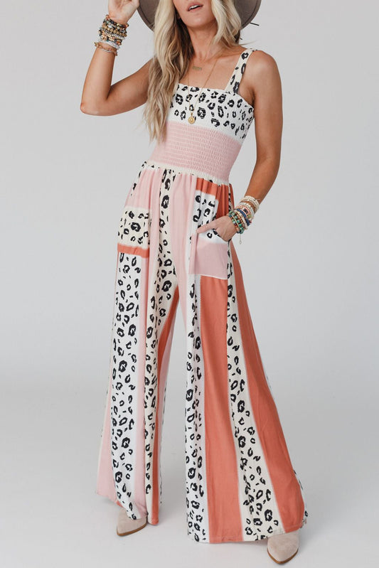 Leopard Color Block Mix Print Pocketed Jumpsuit