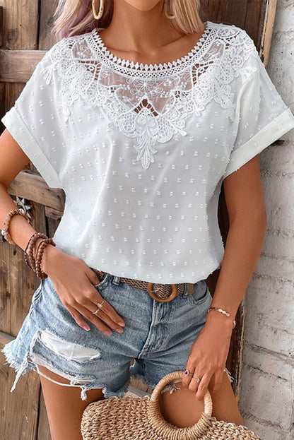 Lace Swiss Dot Cuffed Sleeves Top