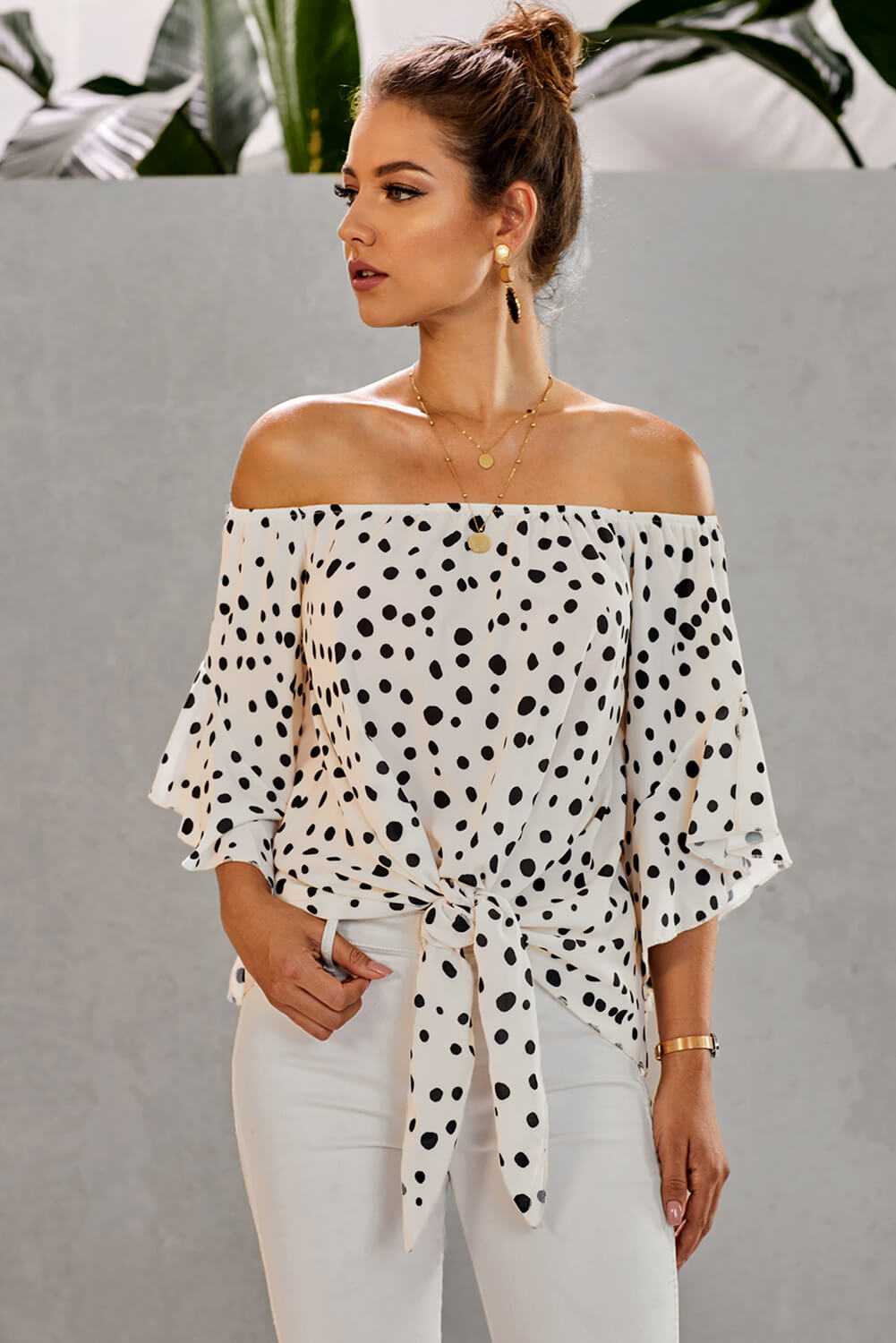 Polka Dot 3/4 Bell Sleeve Off Shoulder Front Tie Knot Top