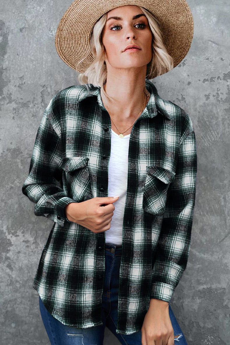 Plaid  Loose Blouse With Turndown Collar