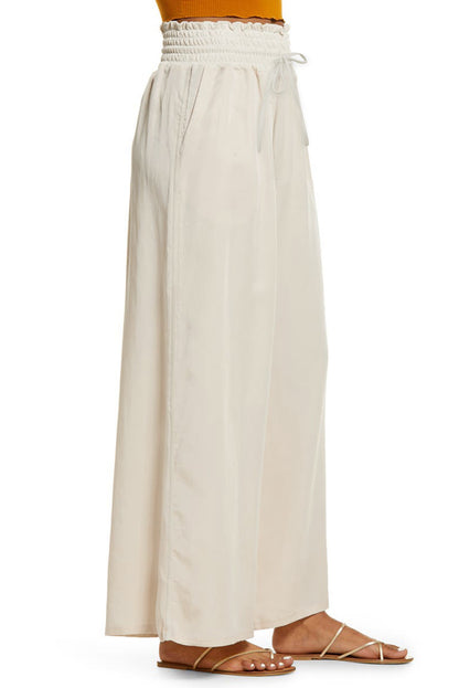 Beige Smocked High Waist Wide Leg Pants