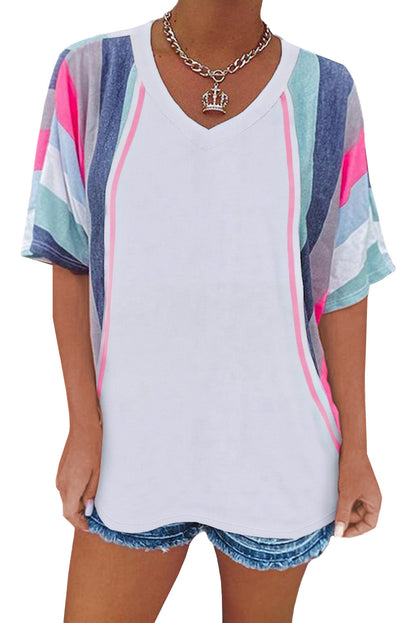 Stripe Patchwork V Neck T Shirt