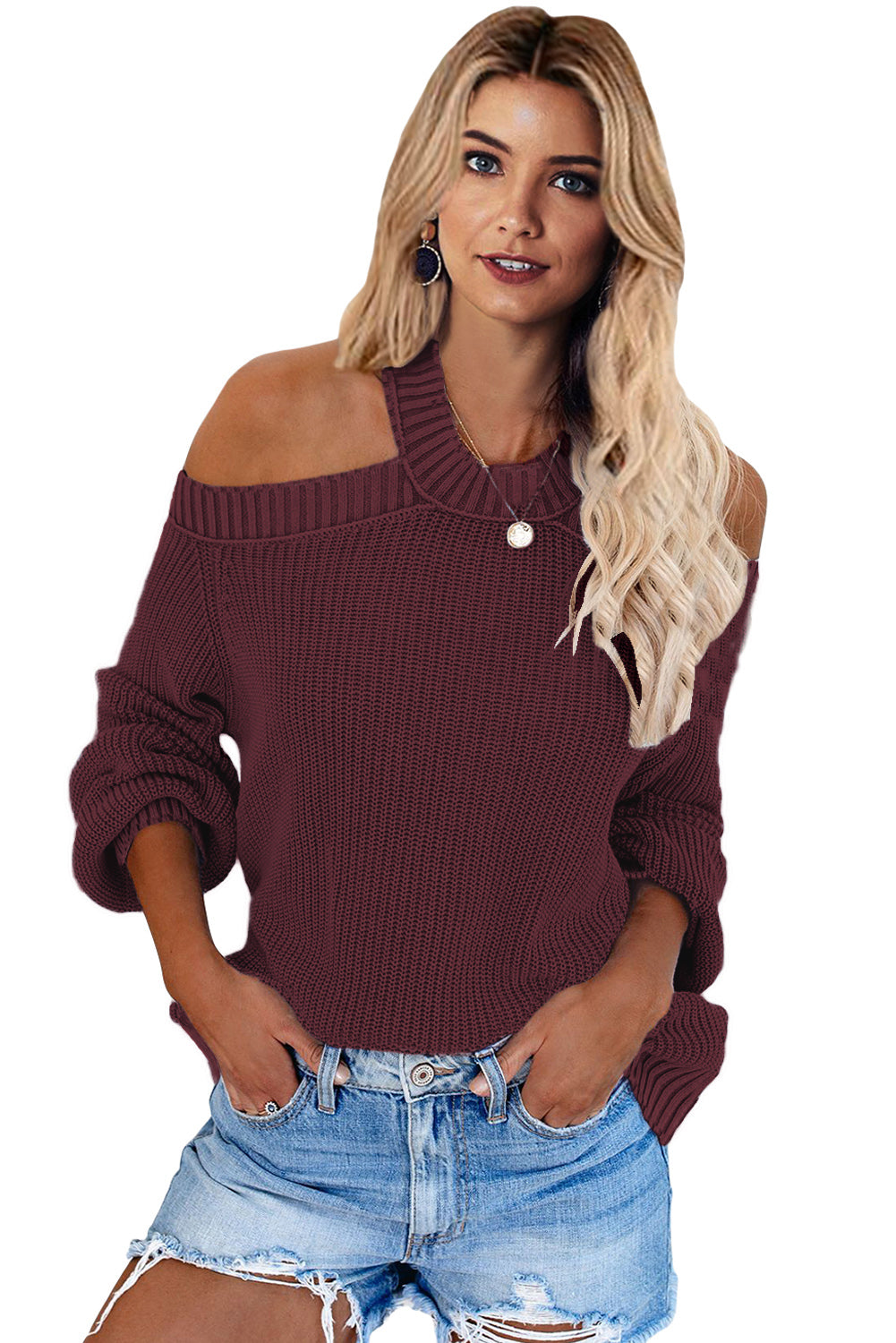 Women's Winter Casual Loose Long Sleeve Solid Color Halter Neck Backless Cross Belt Cold Shoulder Ribbed Knit Swea