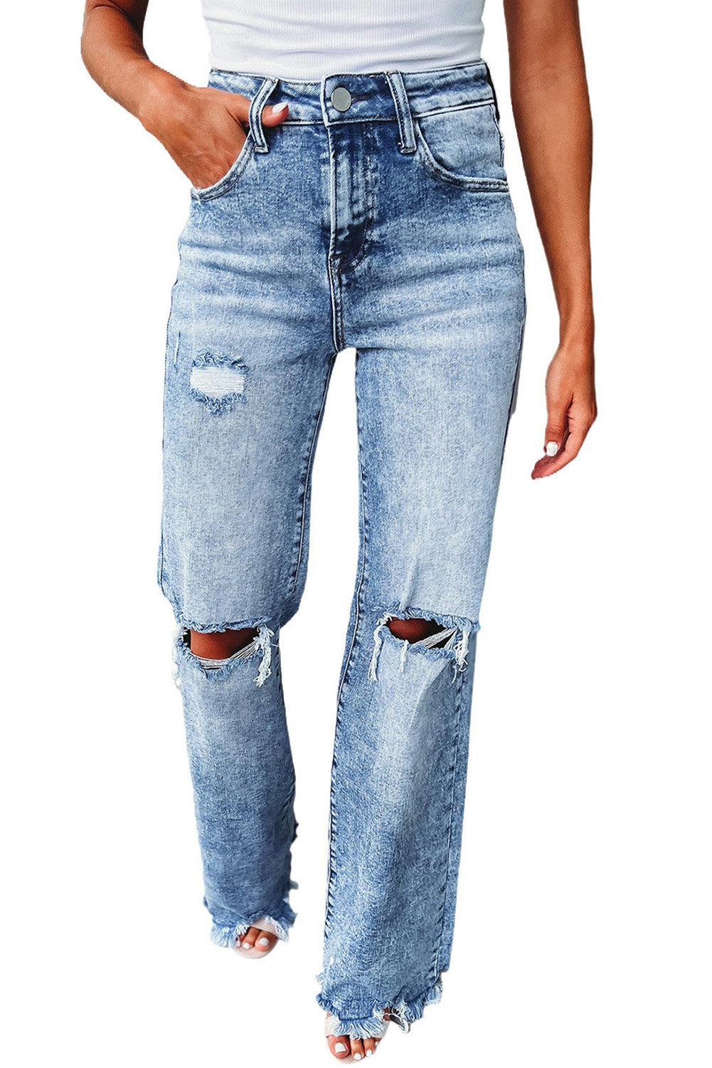 Washed Ripped Wide Leg High Waist Jeans