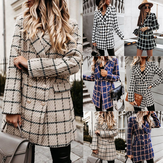 Long Sleeve Suit Collar Double Row Button Woollen Coat