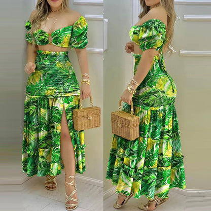 Printed Split Skirt Two Piece Set