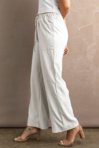 Khaki Drawstring Waist Crinkled Wide Leg Pants