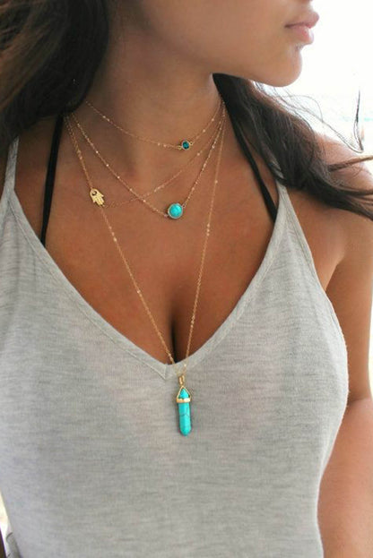 Fashion Gemstone Pendant Multi-Layered Necklace