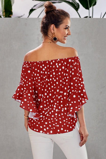 Polka Dot 3/4 Bell Sleeve Off Shoulder Front Tie Knot Top