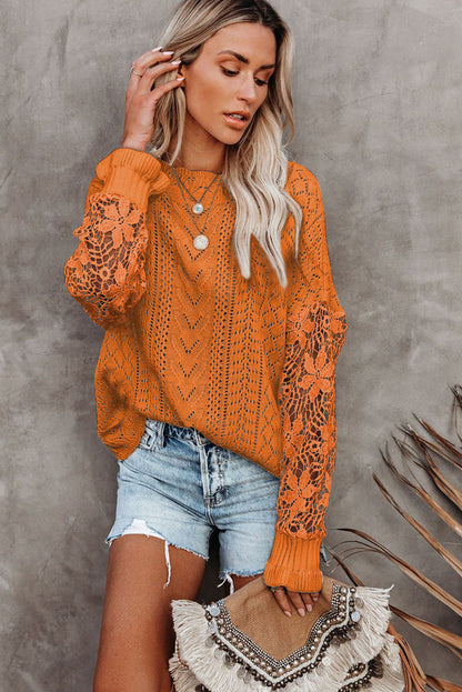 Crochet Lace Pointelle Knit Sweater