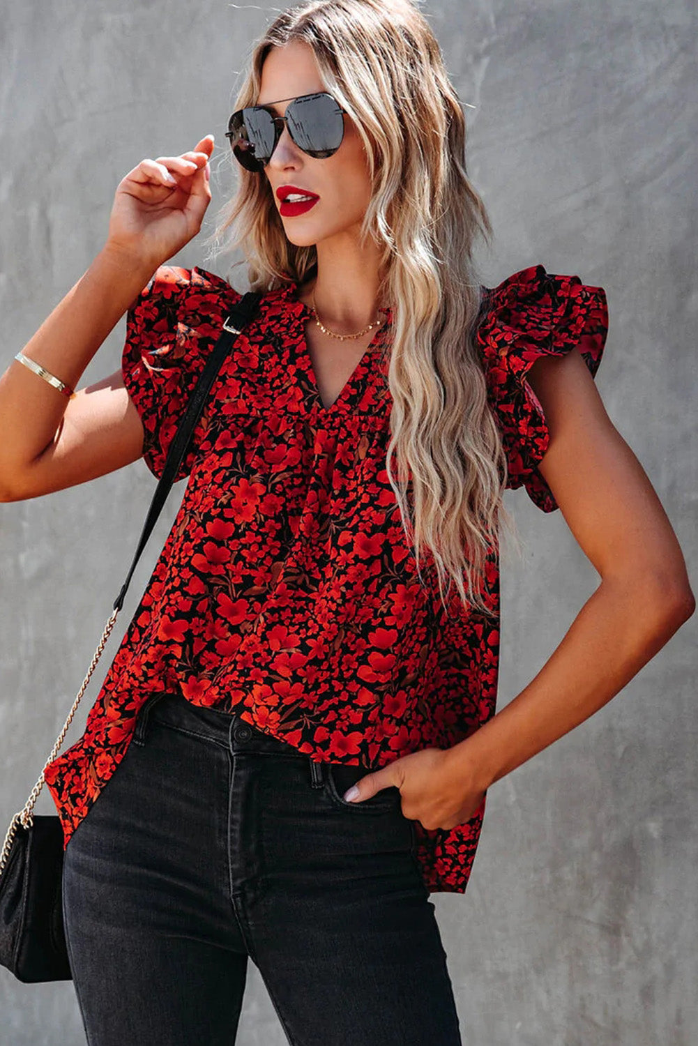 Floral Print Tiered Flutter Sleeve V Neck Top