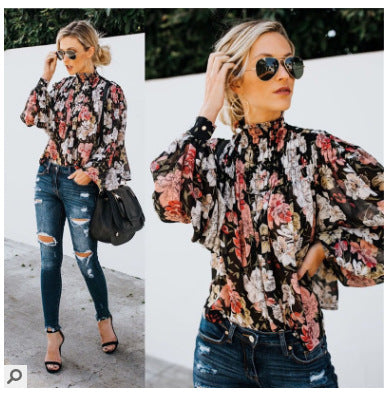 Sexy printed turtleneck button long-sleeved blouse shirt