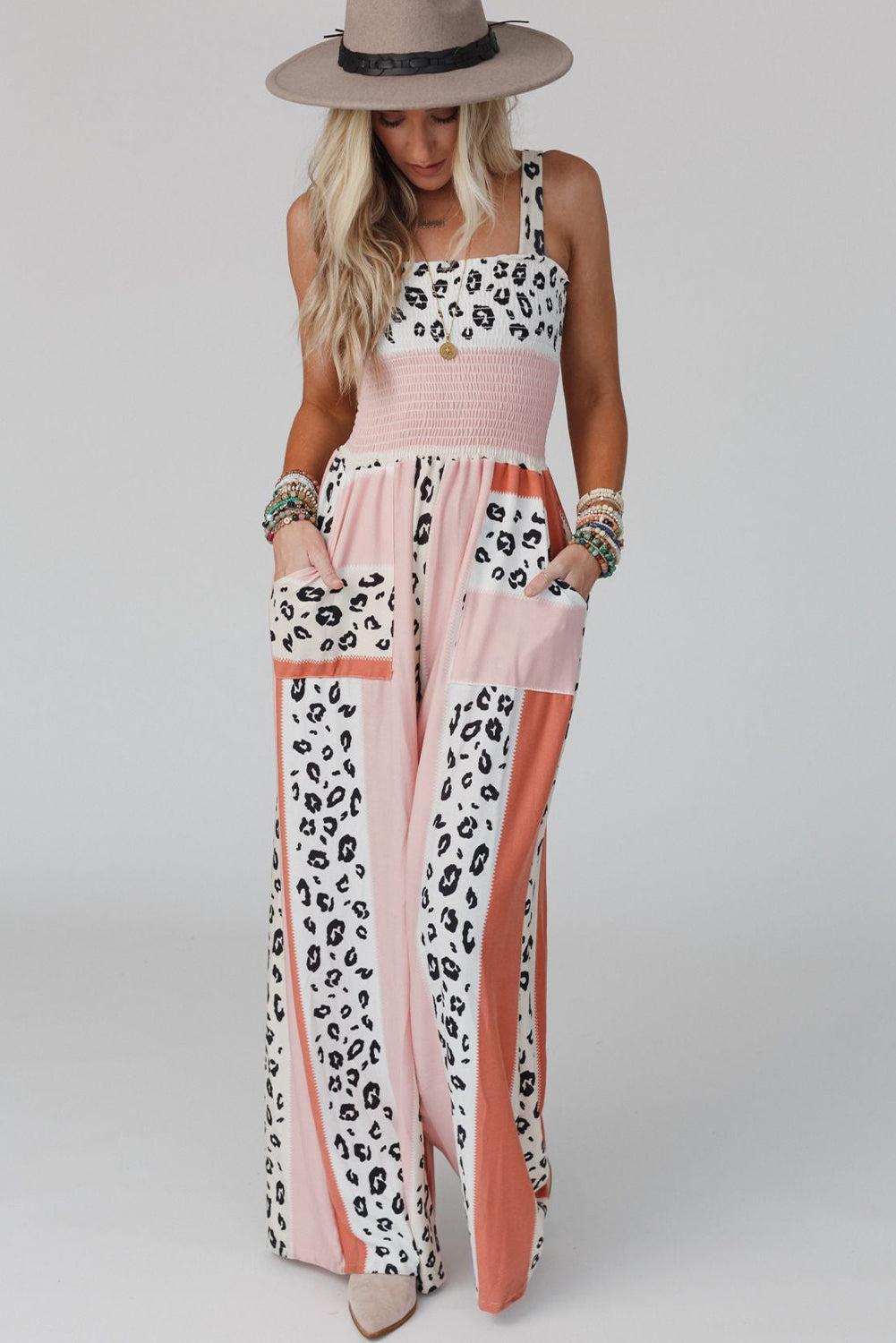 Leopard Color Block Mix Print Pocketed Jumpsuit