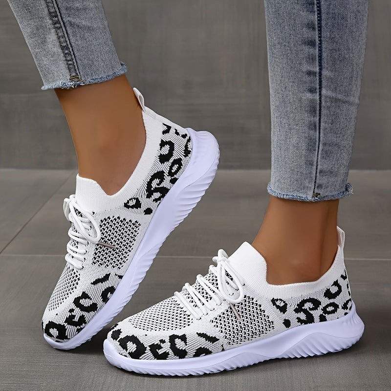 White Leopard Print Lace-up Sneakers