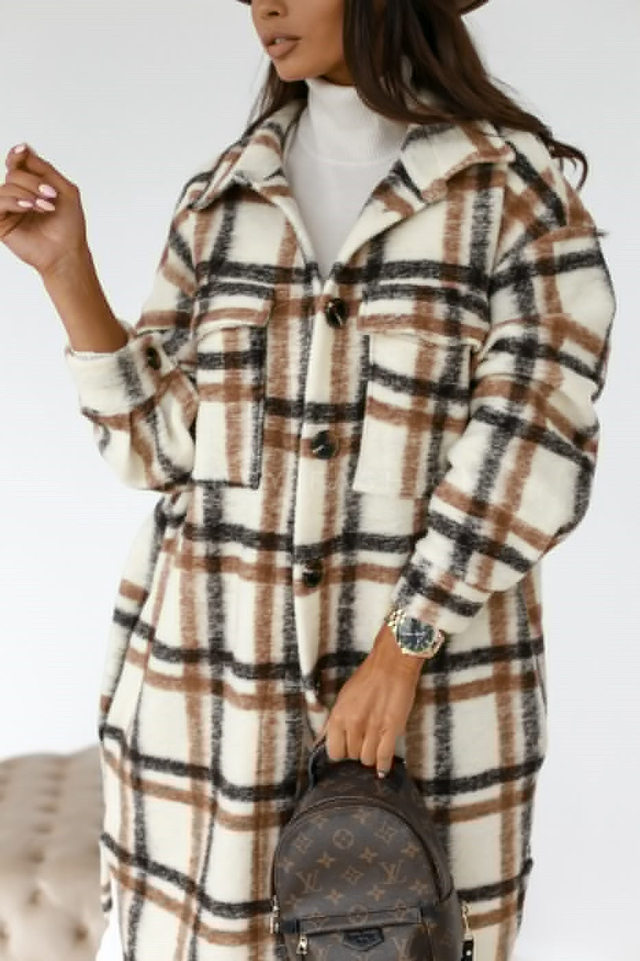 Button Lapel Casual Warm Plaid Long Woollen Shacket