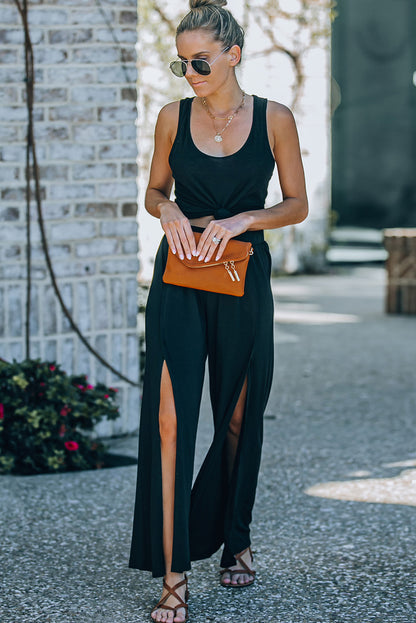 Side Slit Wide Leg Mid Waist Pants