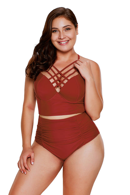 Rosy Strappy Neck Detail High Waist Swimsuit