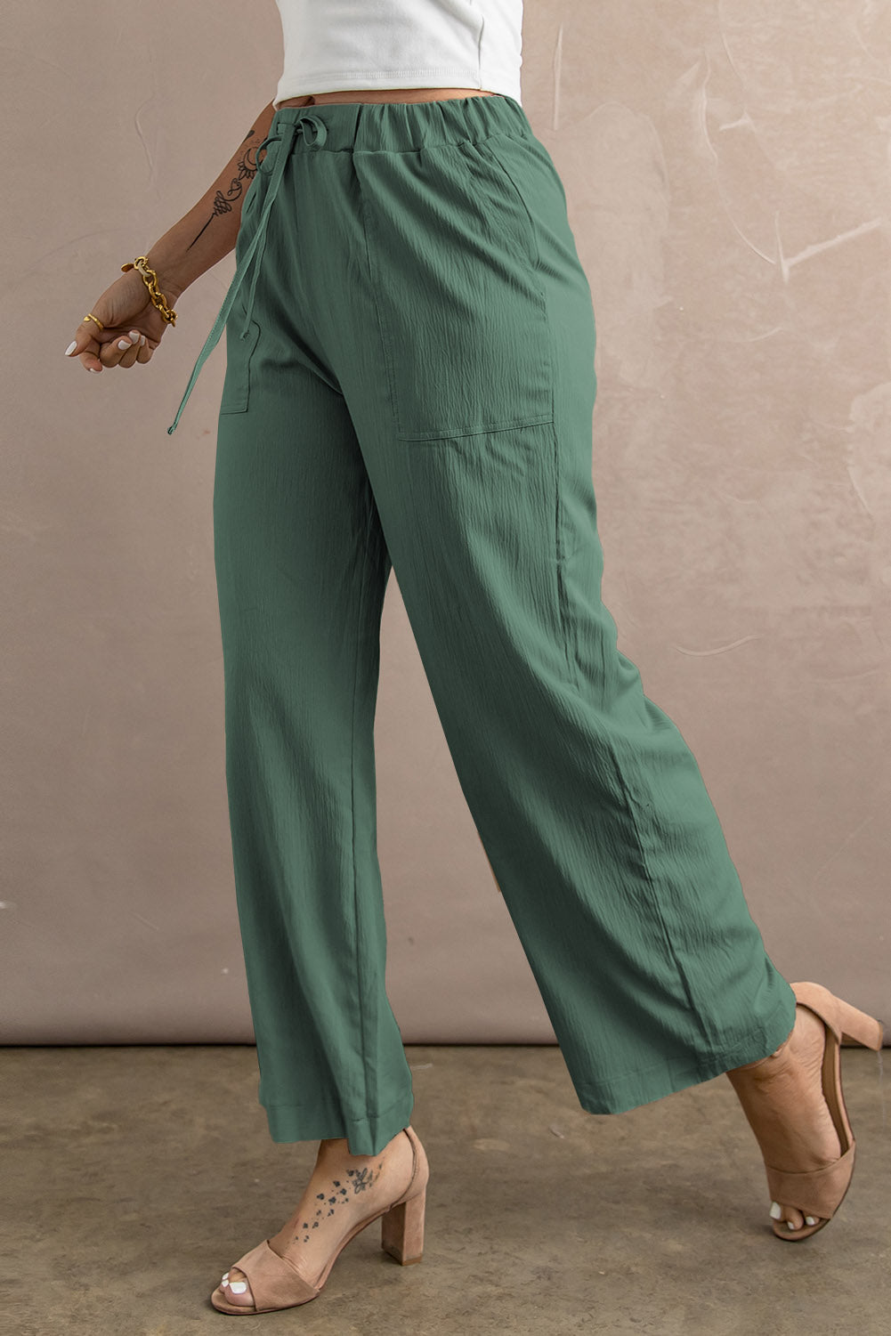 Khaki Drawstring Waist Crinkled Wide Leg Pants